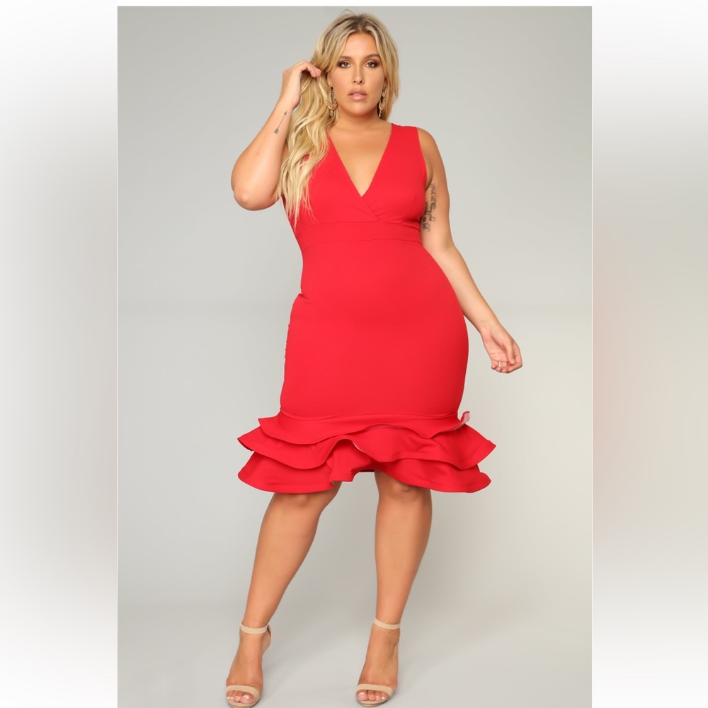FASHIONNOVA Red Ruffle Midi Dress